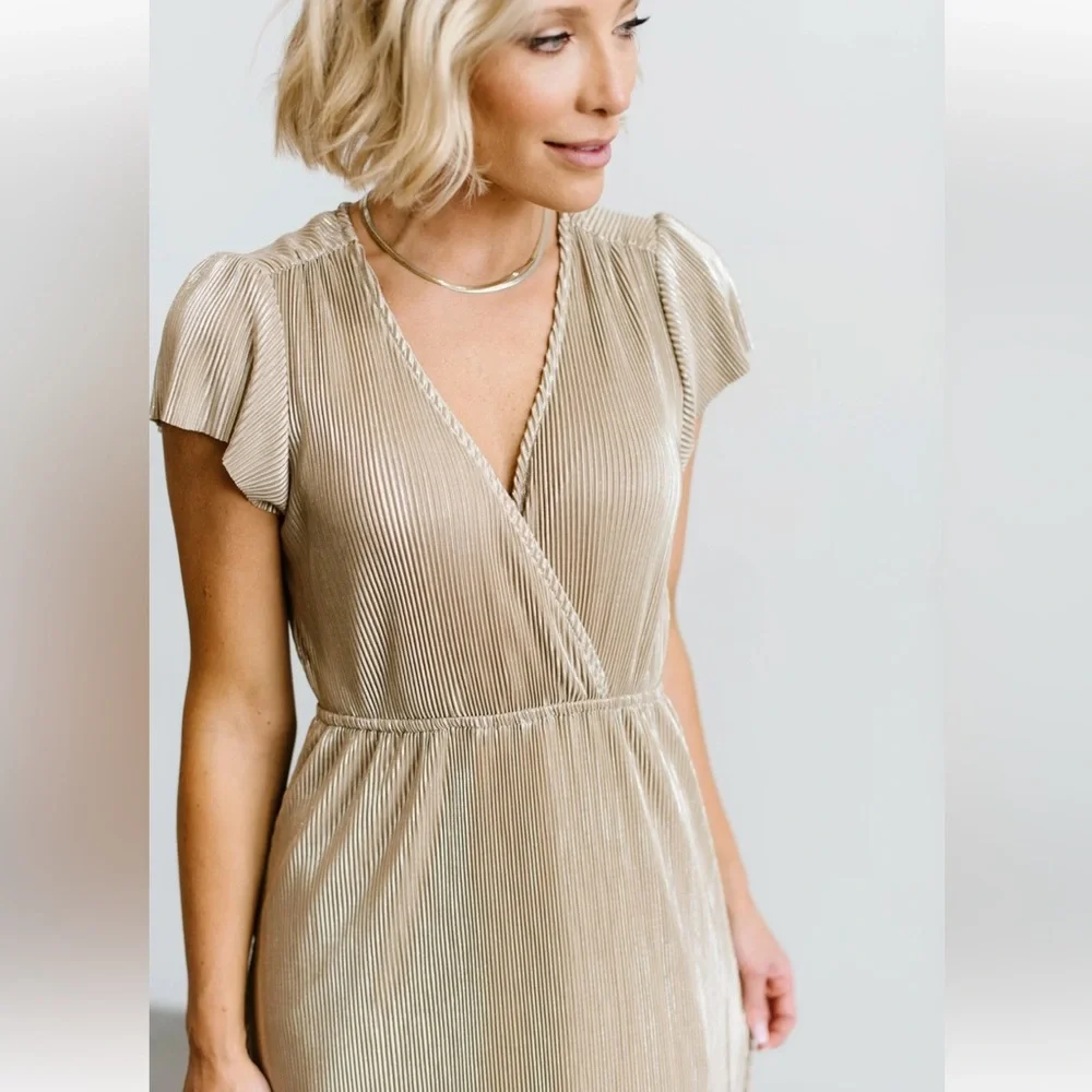 Baltic Born Pleated Champagne Maxi Dress Cocktail Fancy Event New Years Eve - Picture 9 of 11